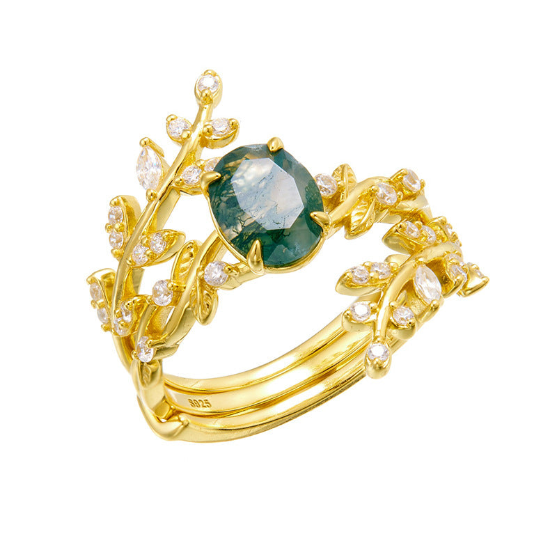 Aquatic Agate S925 Silver Ring Set Mori Retro